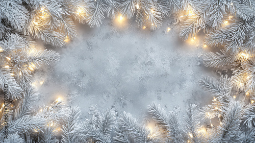 Frosted Christmas pine branches with glowing golden fairy lights on a textured stone background, festive winter holiday frame design for seasonal celebration, New Year greeting