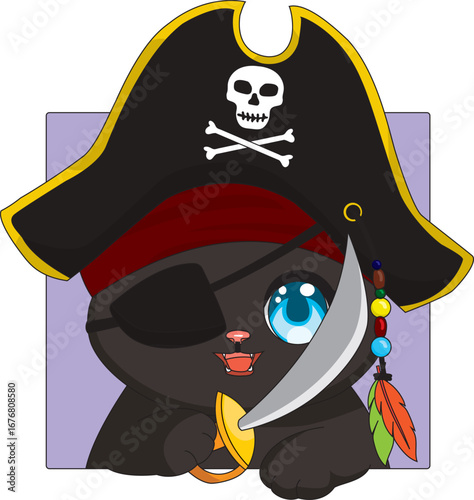 Cat Sticker Pirate Hat With Eye Patch Holding Sword Kitten Cartoon Vector