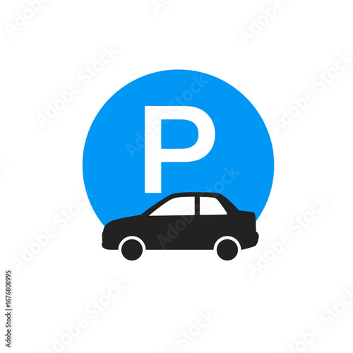 Car parking icon with blue P symbol and vehicle silhouette on white background