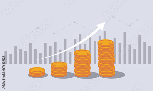 Financial Ascent: A graphic illustrating the rise of financial growth, showcasing stacks of gold coins alongside an upward-trending line, embodying the concepts of investment, success, and expansion.