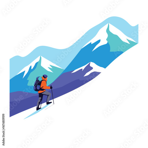 Conquering Heights: An adventurer with backpack and trekking poles fearlessly ascends a majestic mountain, embodying the spirit of challenge and exploration.