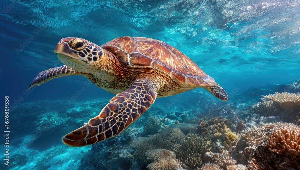 Obraz premium Sea turtle swims over vibrant coral reef