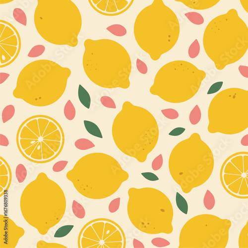 Fresh Lemon Seamless Pattern. Bright Citrus Fruit Background with Slices and Leaves. Summer Graphic Design.