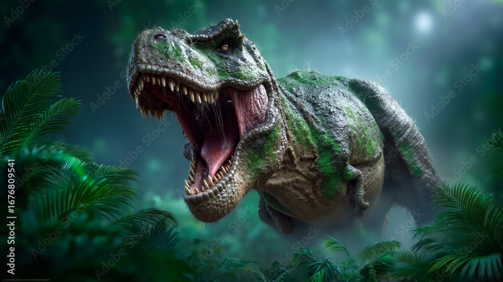 Obraz premium A t-rex in the jungle with its mouth open and its mouth wide open