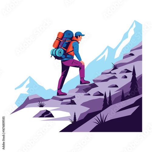 Mountain Ascent: A lone hiker, equipped with backpack, ascends a rugged mountain path. This illustration captures the determination of the traveler against the breathtaking backdrop of mountain peaks.