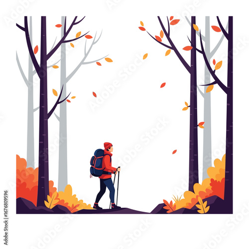 Adventurer's Serenity: A solo hiker stands amidst a vibrant autumn forest, embracing nature's beauty, surrounded by falling leaves and towering trees.