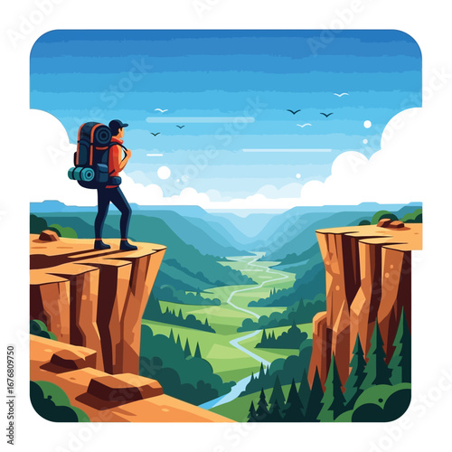 Hiker at the Cliff: A lone hiker stands at the edge of a towering cliff, gazing out over a vast and vibrant landscape of rolling green hills and a meandering river.