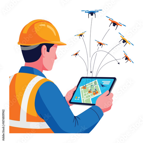 Drone Operator and Technology: A professional drone operator, immersed in the intricacies of the task, skillfully monitors and manages a squadron of aerial drones using a tablet.