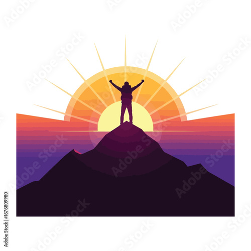 Conquer the Peak: Silhouette of a triumphant person atop a mountain, with arms raised against a backdrop of a vibrant sunrise, symbolizing achievement and perseverance.