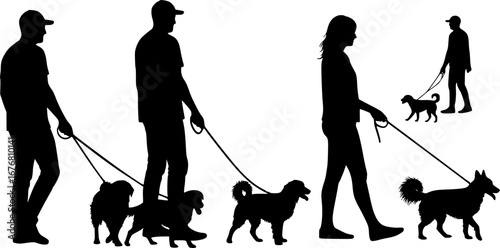 Silhouette of a woman and man walking dogs on leashes in a park or outdoor setting on a sunny day | editable eps vectors	