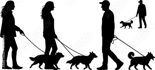 Silhouette of a woman and man walking dogs on leashes in a park or outdoor setting on a sunny day | editable eps vectors	