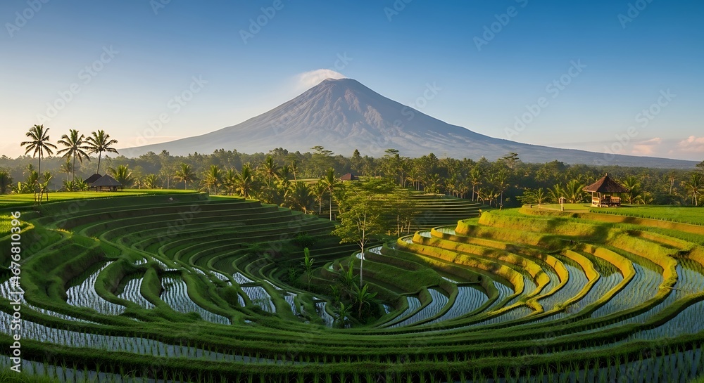 Obraz premium Stunning Rice Terraces and Mountain Landscape in Bali.