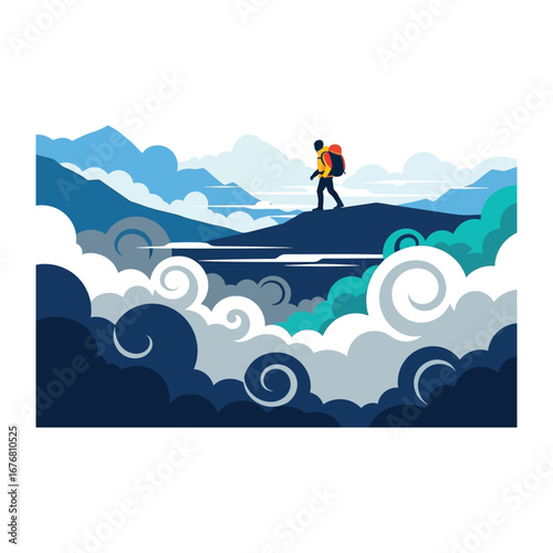 Adventure Above the Clouds: A solitary figure embarks on a daring trek, traversing a picturesque landscape of soaring peaks, puffy cumulus, and breathtaking vistas.