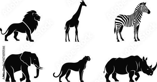 African wildlife silhouettes, lion, giraffe, zebra, elephant, cheetah, rhinoceros, savanna animals, black vector art, safari illustration, flat vectorizer design