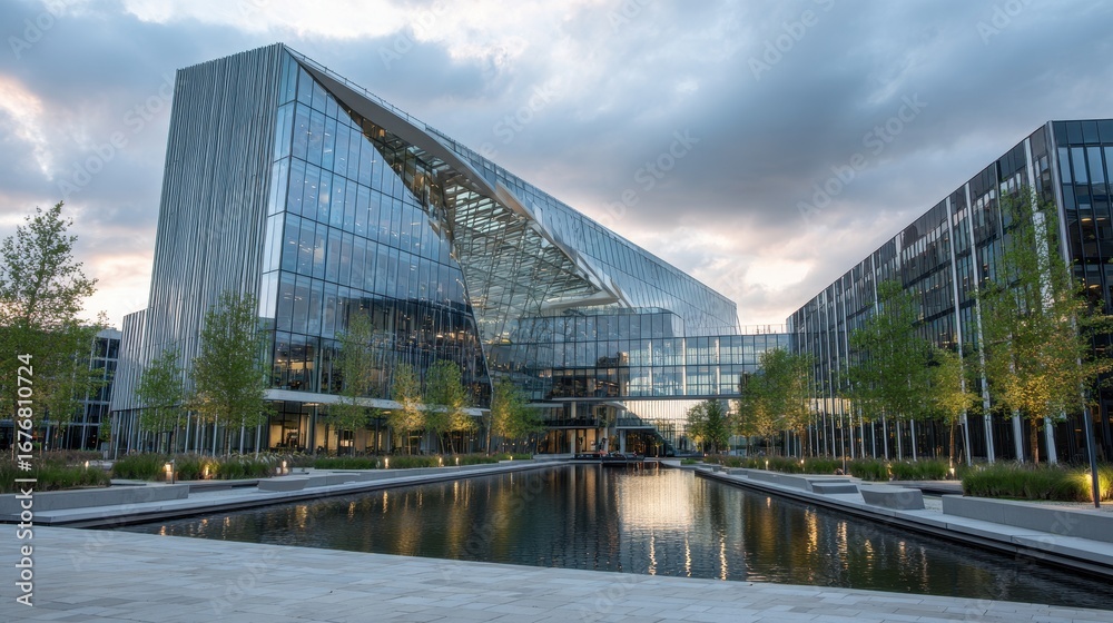 Naklejka premium Modern architectural design of a corporate building near a reflective pond at sunset