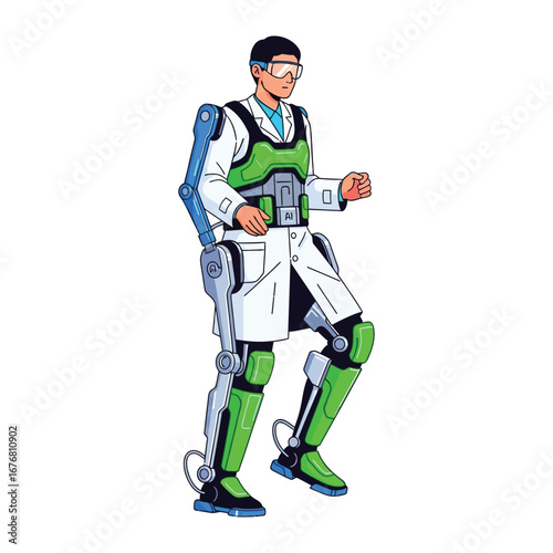 Innovator in the Lab: A scientist strides confidently in a futuristic exoskeleton, symbolizing innovation, progress, and the evolution of human potential in a cutting-edge laboratory setting.