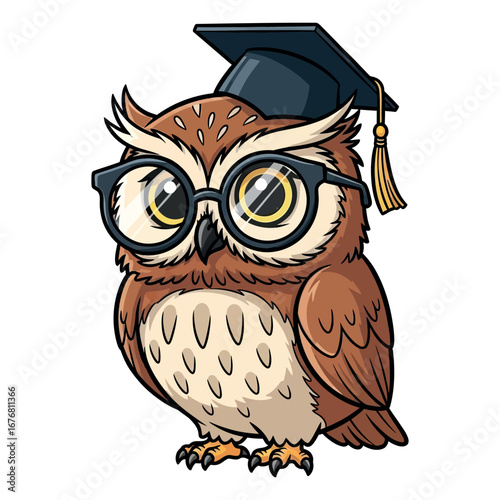 Wise cartoon owl wearing graduation cap and glasses represents education and knowledge vector