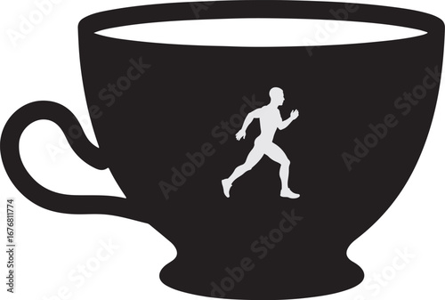 Runing man with cup in silhouette white background.