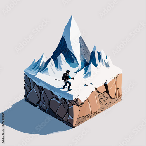 Adventure Hike, Mountain Climber, Mountain Range, 3D Illustration, Sunrise, Scenic View, Exploration Concept
