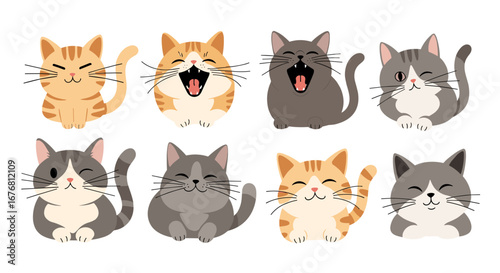 A diverse collection of adorable cartoon feline characters expressing various joyful emotions and expressions
