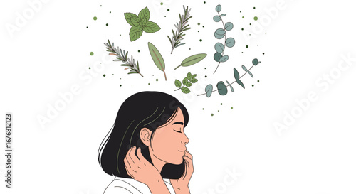 A young woman contemplates the soothing power of natural herbs and botanicals for mental well-being and stress relief