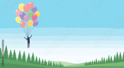 A person soars through the sky carried by a vibrant cluster of colorful balloons over a lush green landscape
