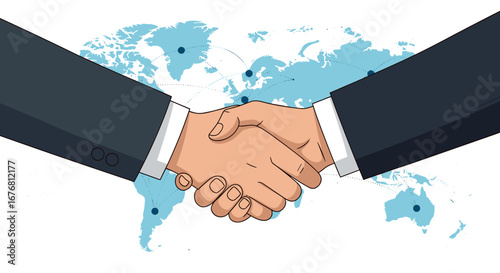 Global business partnership agreement and successful international collaboration handshake over world map background