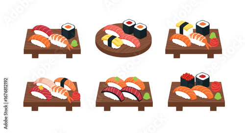 A delightful collection of delicious sushi nigiri and maki rolls presented on wooden trays and plates in a culinary presentation