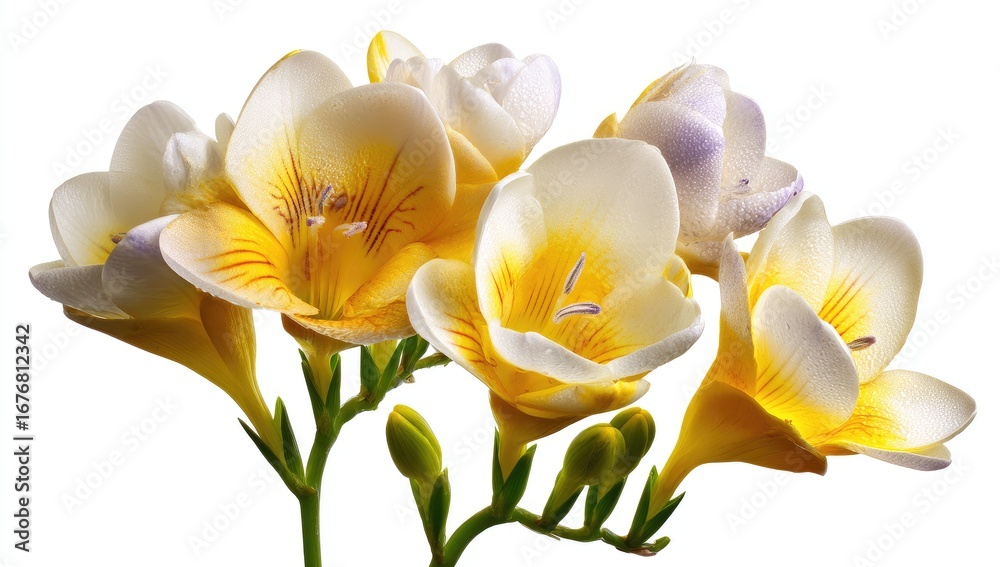 Obraz premium Close-up of freesia blossoms. Five pale cream/white blooms with yellow accents and a touch of lavender. Bright, focused against a white background. Stems and buds visible