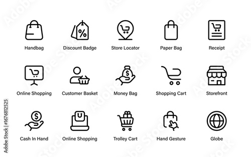 Minimal Retail and Shopping Line Icon Set. Professional modern vector outline collection for commerce, money, sale, and business economy