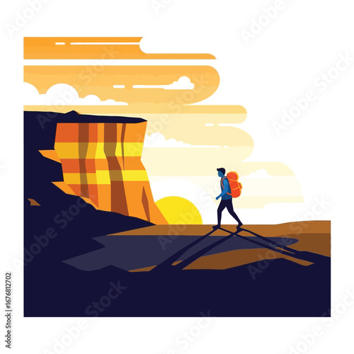 Adventure's Ascent: A solo traveler embarks on an epic journey, ascending a rugged mountain path against the backdrop of a radiant sunrise. A captivating illustration of exploration, discovery.