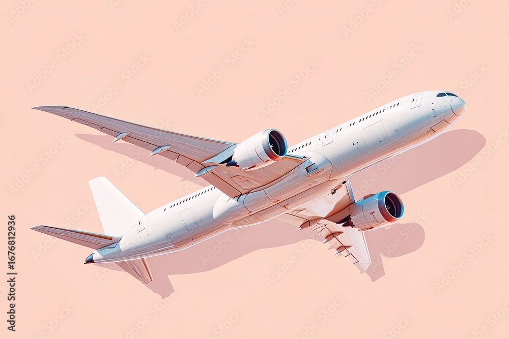 Obraz premium White airplane in flight, pastel background
