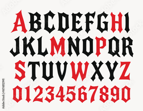 Vintage Gothic Blackletter Font with Red and Black Letters. Medieval-Style Typography Featuring Bold Uppercase Alphabet and Numbers for Tattoos, Rock Posters, Halloween Designs, and Retro Branding 
