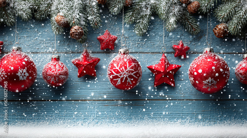 Festive Christmas background with red and white baubles, snowflakes, holly berries, pine branches, and rustic blue wooden backdrop decorated for winter holiday celebration