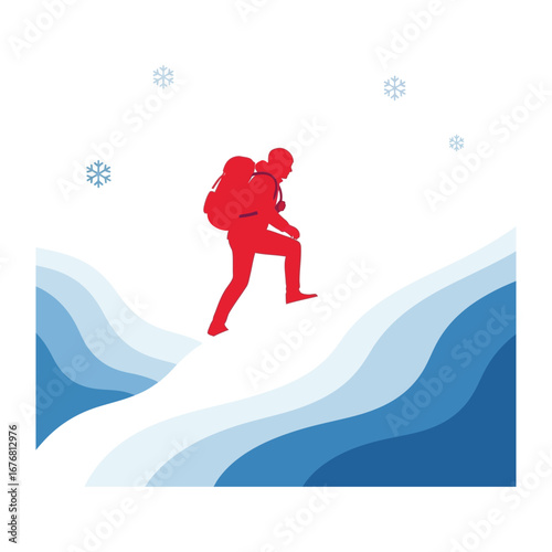 Winter Ascent: A solitary figure embarks on a bold journey, the climber silhouetted against a winter landscape, their silhouette defined by a vibrant red hue, suggesting adventure and resilience.