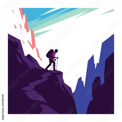 Reaching the Summit: A solitary figure embarks on an epic climb, the graphic illustration capturing the spirit of adventure and the awe of nature.