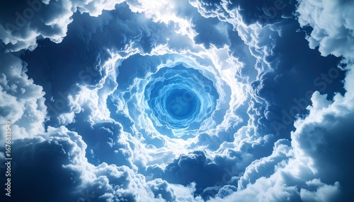 Dreamlike celestial journey through a swirling cloud tunnel towards a brilliant light