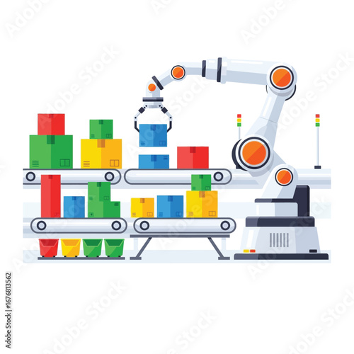 Robotic Arm Sorting Boxes: A state-of-the-art robotic arm meticulously sorts colorful boxes on a factory conveyor belt, epitomizing automation and efficiency.