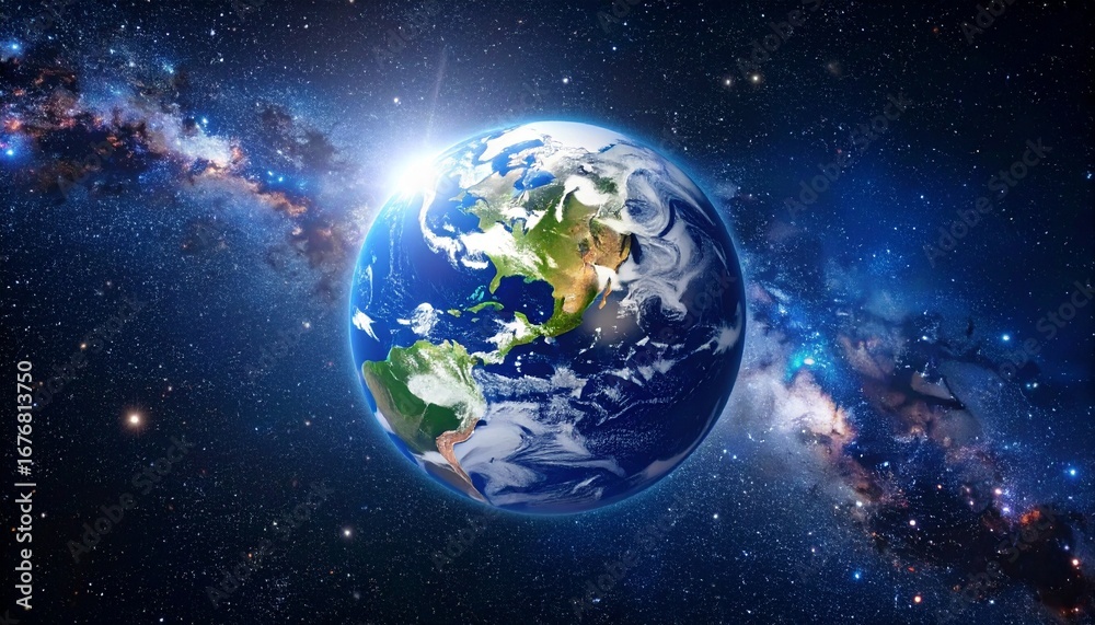 Obraz premium Earth planet in space, surrounded by stars and nebulae, showcasing the beauty of our world from a cosmic perspective.