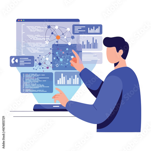Digital Data Mastery: A tech-savvy individual delves into intricate digital data visualizations, manipulating the interface with focused precision to unveil patterns and insights.