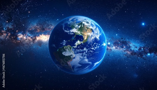 Earth, a vibrant blue sphere, seen from space, amidst a starry night sky and the Milky Way.