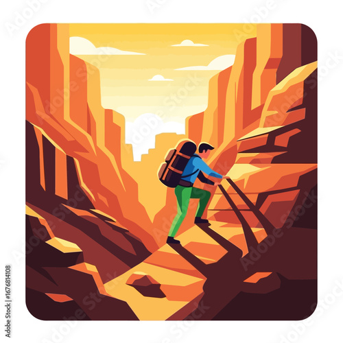 Mountain climber in Canyon: The intrepid climber scaling a rugged mountain path with determination. With each upward stride, he ventures deeper into the heart of the wilderness.