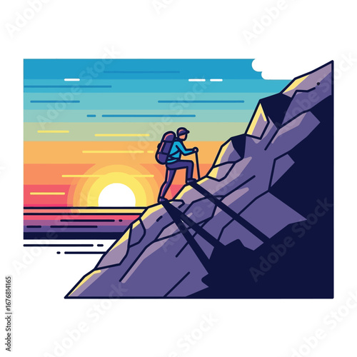 Uphill journey: A determined figure conquers a steep mountain face. The vector image showcases dedication, perseverance and overcoming obstacles at sunset