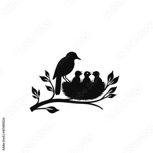 Black silhouette of a bird feeding chicks in a nest on a branch 6