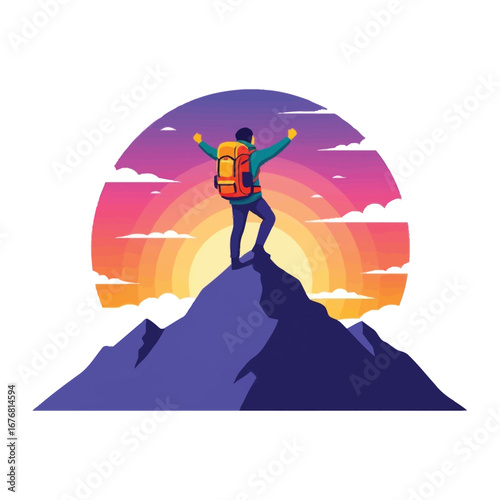 Reaching the Summit: A vibrant illustration of a triumphant figure atop a mountain peak, arms raised in a moment of victory, with a breathtaking sunset serving as the backdrop.
