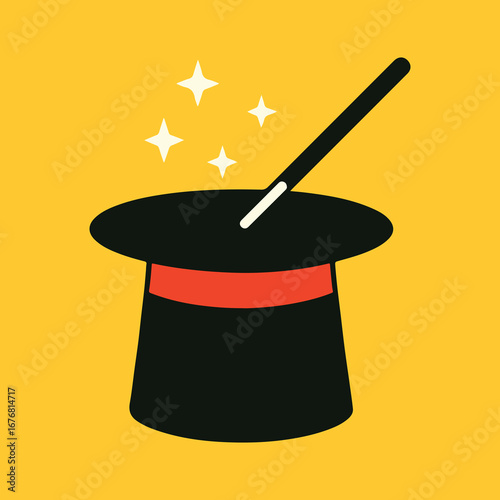 Magic Hat with Wand and Sparkles Vector Illustration