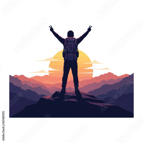 Conquering the Summit: A solitary hiker, silhouetted against a breathtaking mountain vista, stands triumphant atop the peak. Embracing the vastness of nature and the fulfillment of reaching his goal.