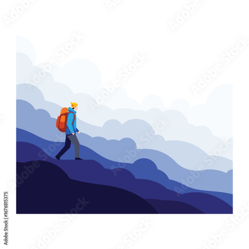 Ascending Heights: A determined figure embarks on a solitary hike through a gradient mountain landscape, embodying the spirit of adventure and perseverance in achieving goals.