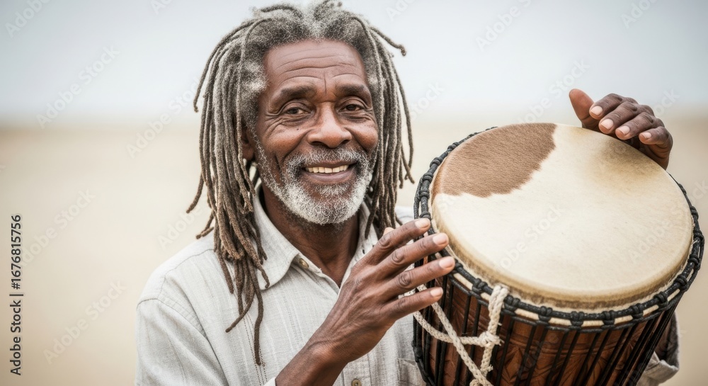 Fototapeta premium An elderly african man with dreadlocks and a beard smiling while holding a djembe drum outdoors