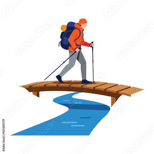 Adventure's Crossing: A lone hiker traverses a rustic bridge, the essence of travel. carrying the spirit of adventure, and capturing the solitary beauty.